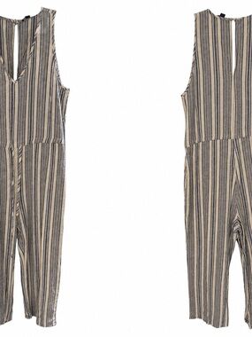 Linen Drew Romper Striped Sleeveless in Beige and Navy